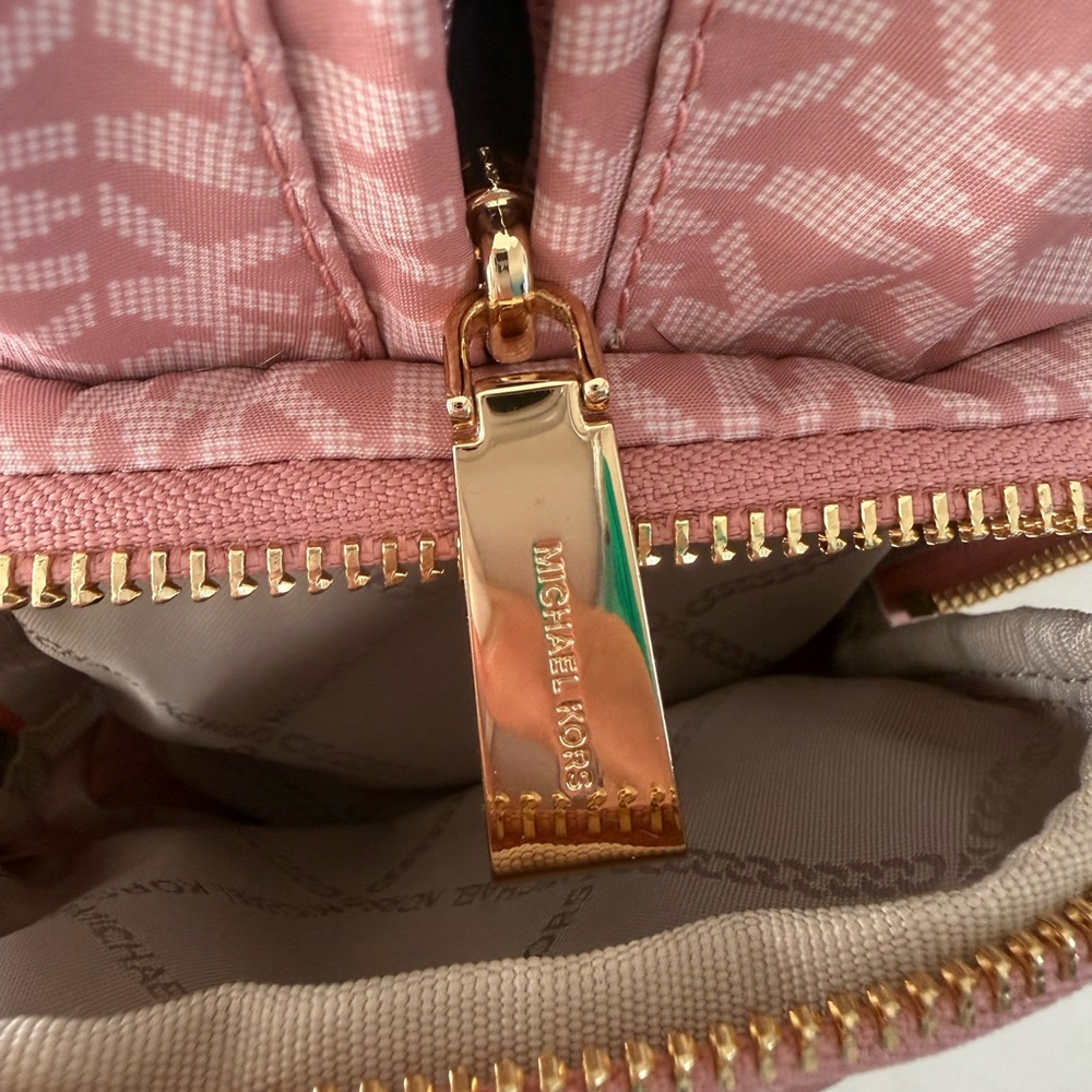 Michael Kors Pink Prescott Large Signature Logo Print Woven Backpack - Picture 13 of 15